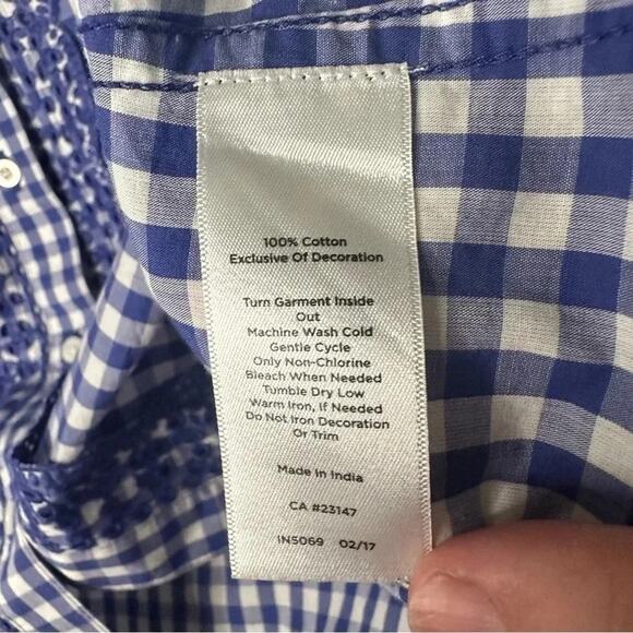 Tablots Royal blue & white gingham button down shirt eyelet lace ruffle front - Picture 4 of 8